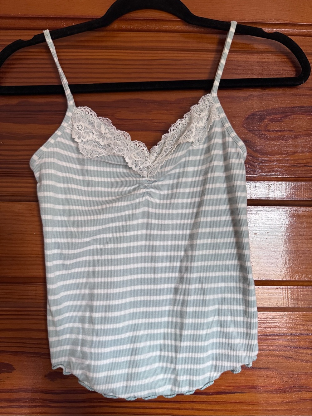 American Eagle Outfitters Light Blue & White Striped Lace-Trim Cami XS